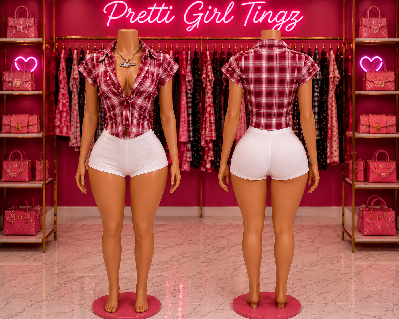 Country Cutie Plaid Tie-Front Top & Shorts Set