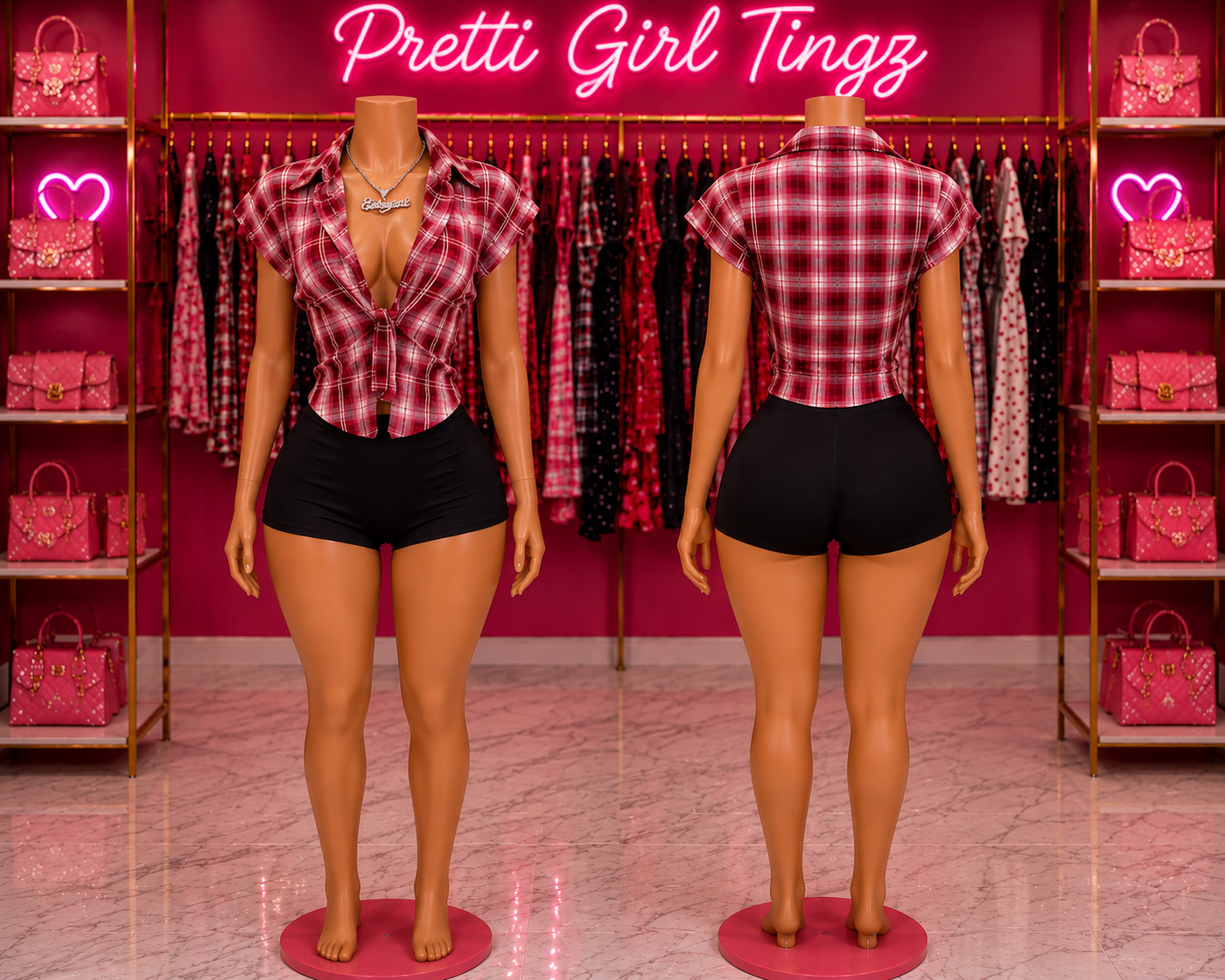 Country Cutie Plaid Tie-Front Top & Shorts Set