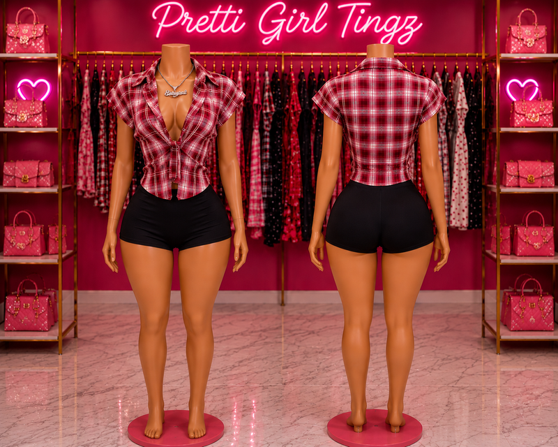 Country Cutie Plaid Tie-Front Top & Shorts Set