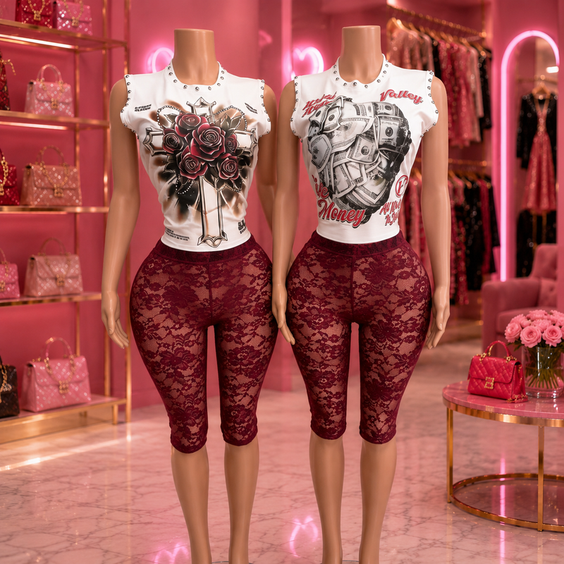Money Rose Lace Capri Set